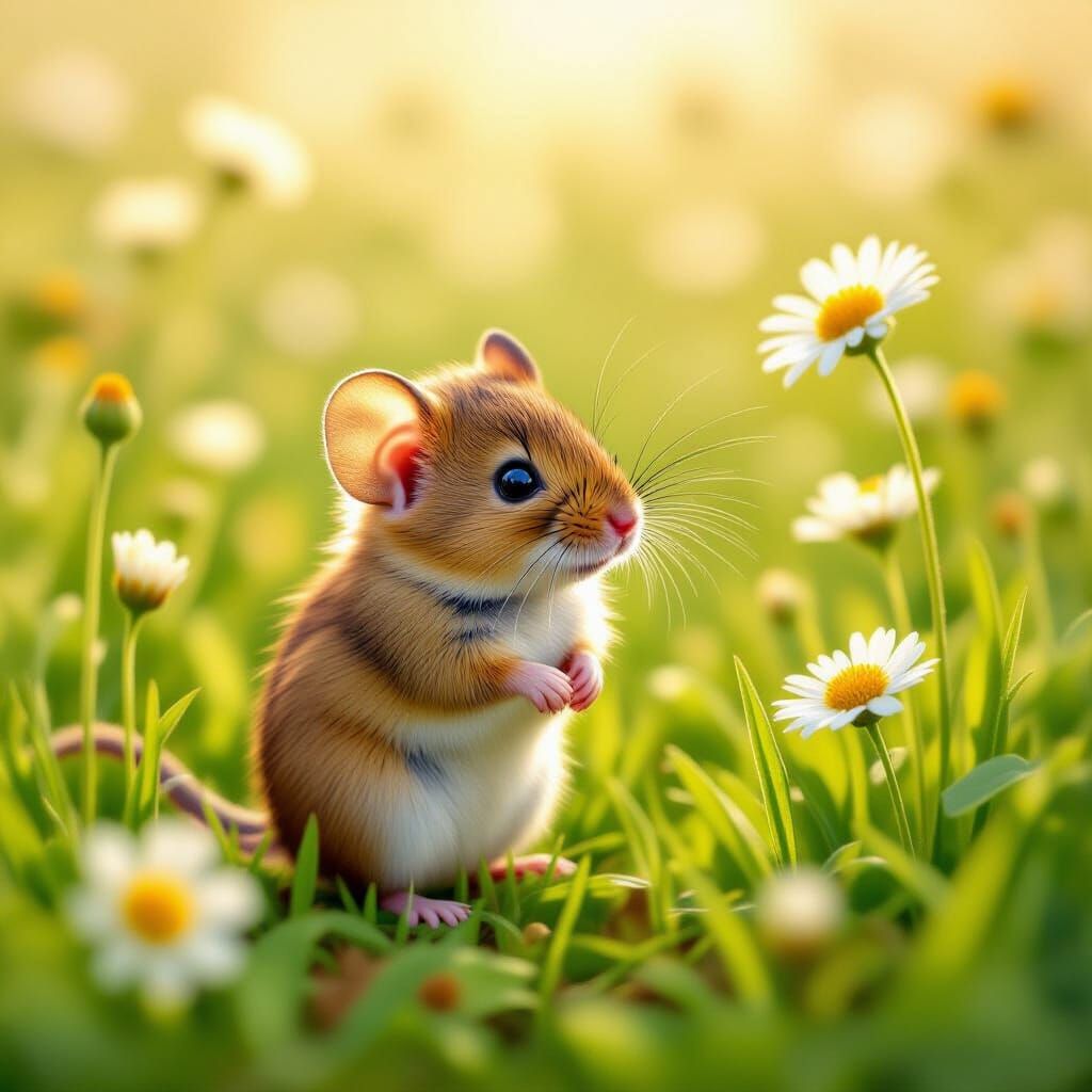 Adorable Field Mouse in Sun-Dappled Wildflower Meadow