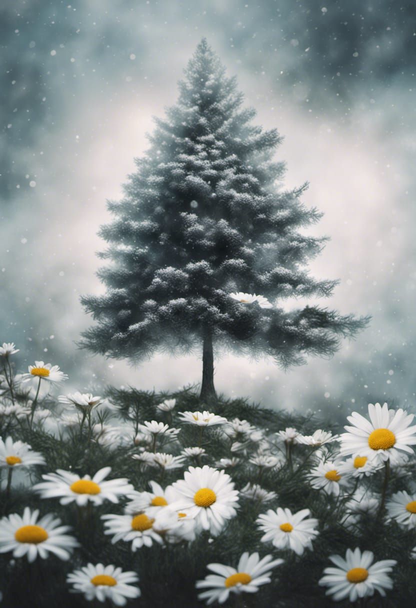 Double Exposure: Winter Fir and Spring Daisies