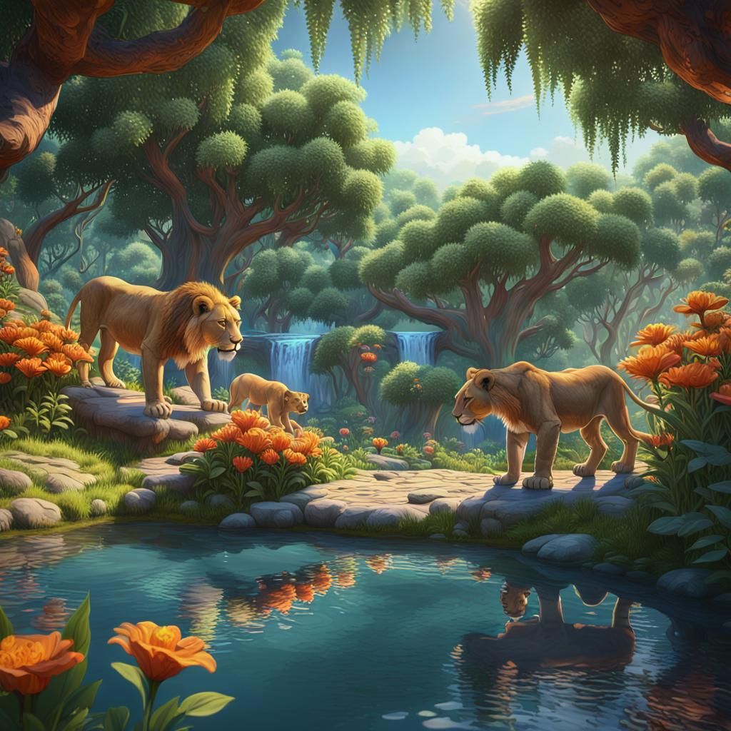 Lions Drinking at Water Hole: Digital Fantasy Painting