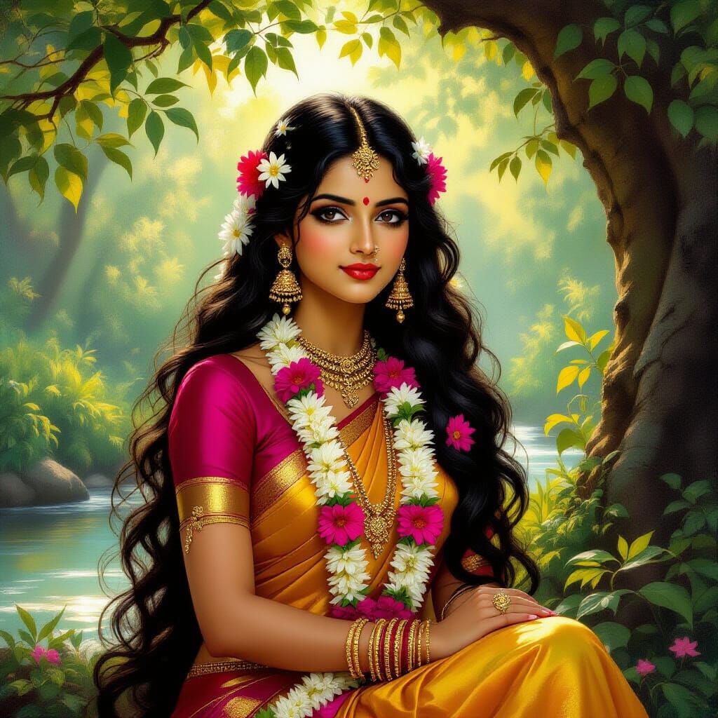 Indian Woman as Sakuntala in Forest Oil Painting