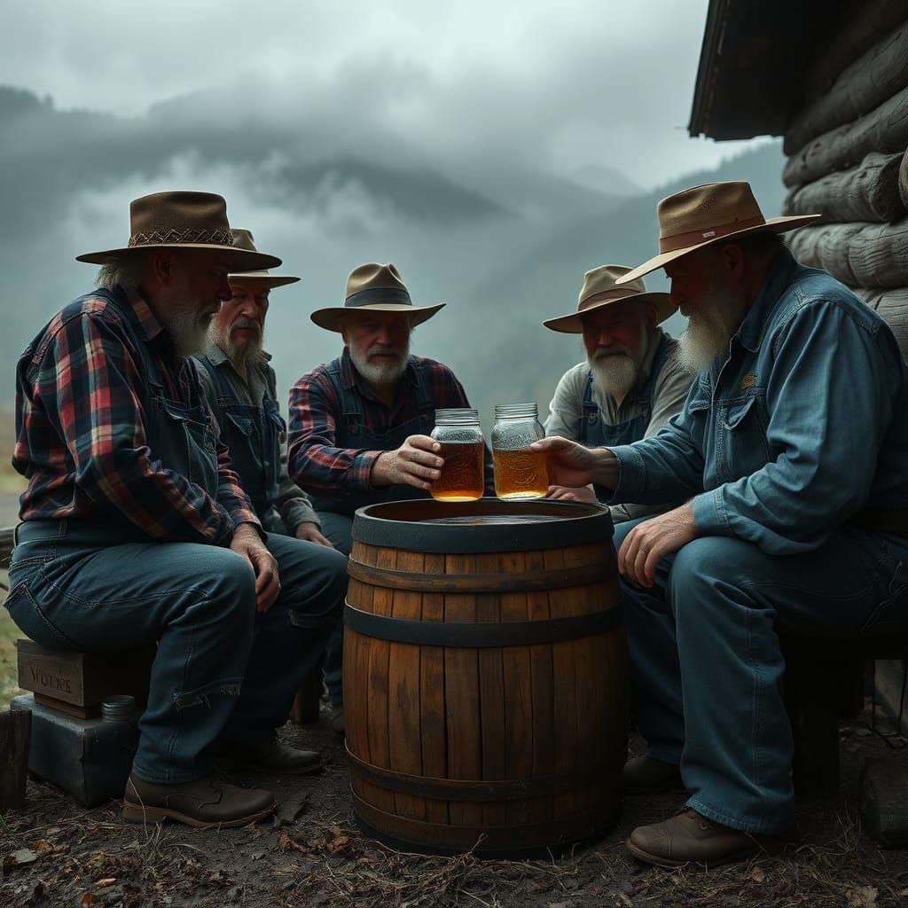 Hillbillies Sharing Moonshine in Appalachian Holler