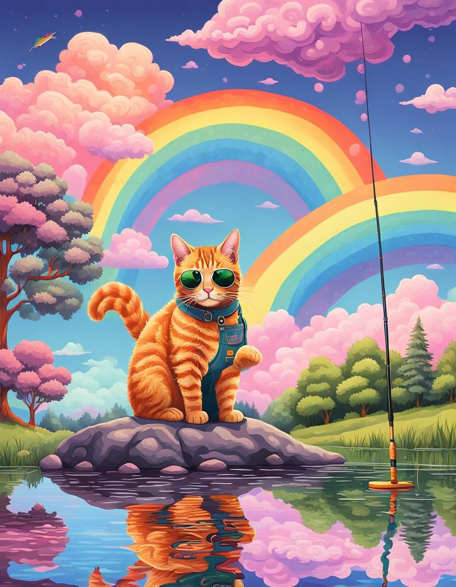 Psychedelic Tabby Cat Fishing in Rainbow Pond
