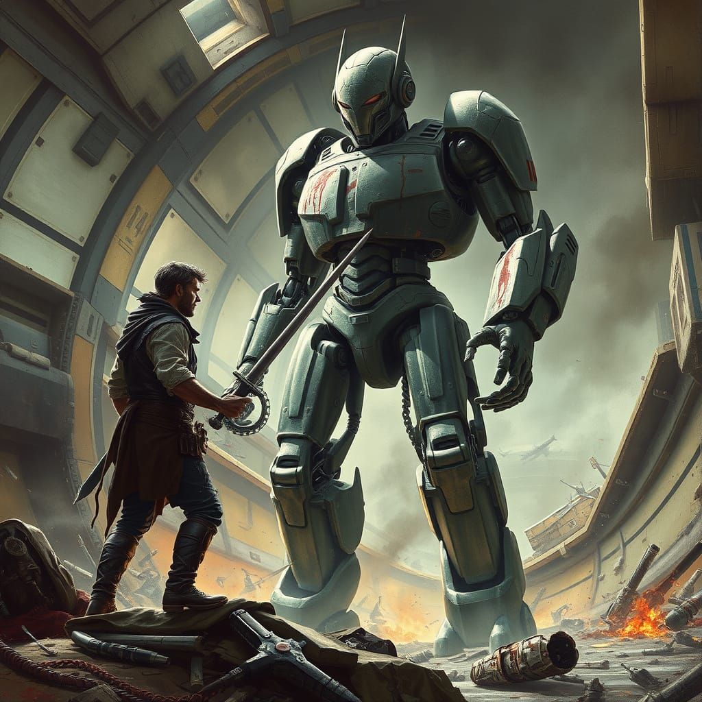 Cyberpunk Space Captain Battles a Giant Robot in a Desolate ...