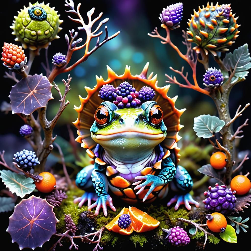 Adorable Baby Frog-Tortoise with Berry, Digital Matte Painti...