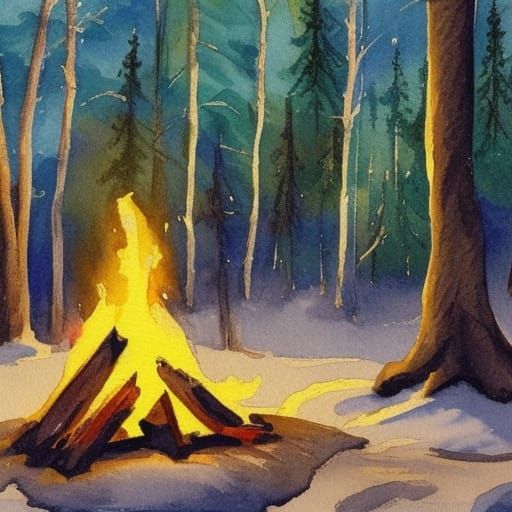 Winter Forest Campfire in Gouache Style