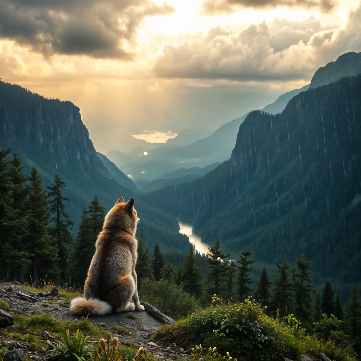 Wolf Contemplates Serene Mountains Landscape in Hyper Realis...