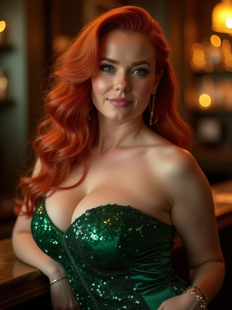 Stunning Woman in Emerald Dress at Opulent Bar