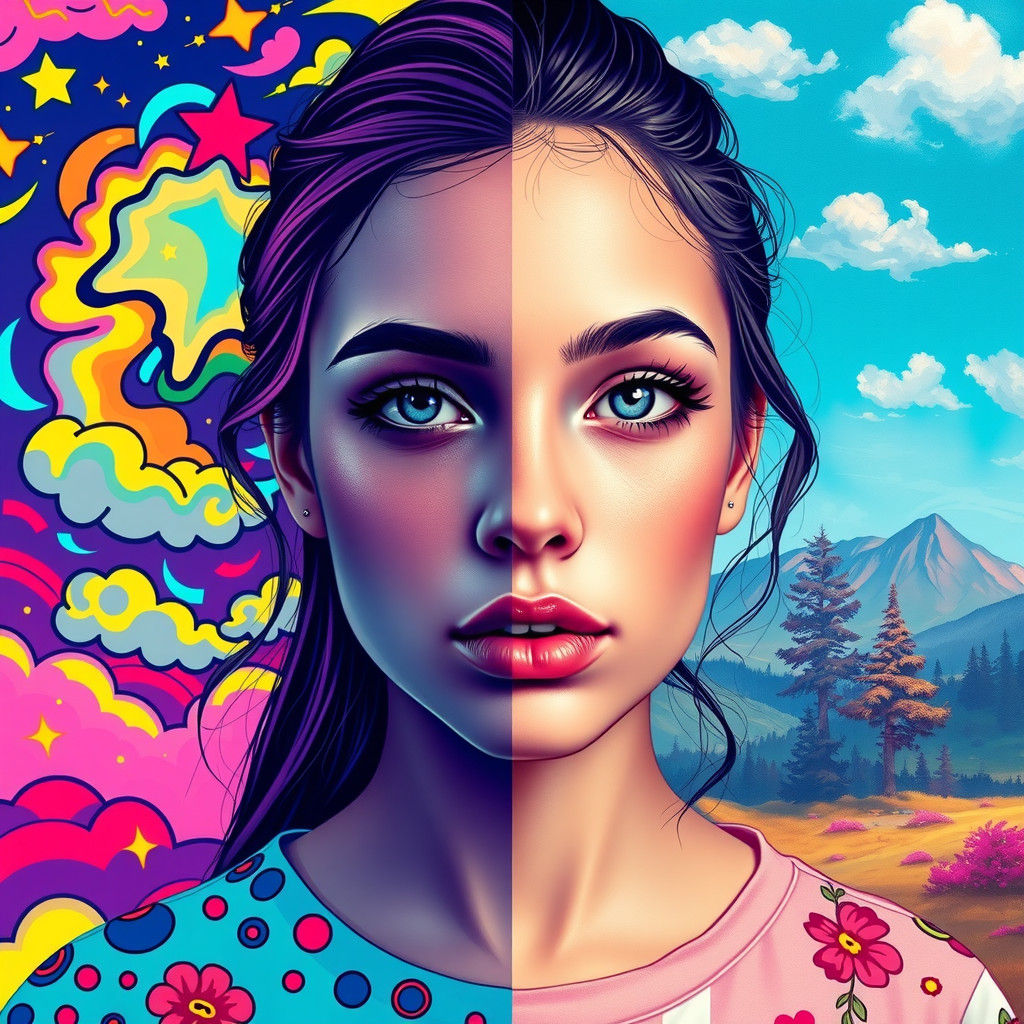 Vibrant Portrait Juxtaposing Lisa Frank and Bob Ross Styles