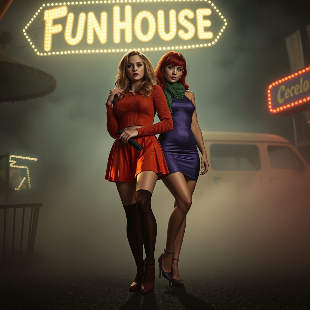 Velma and Daphne in Abandoned Carnival, Photorealistic Noir