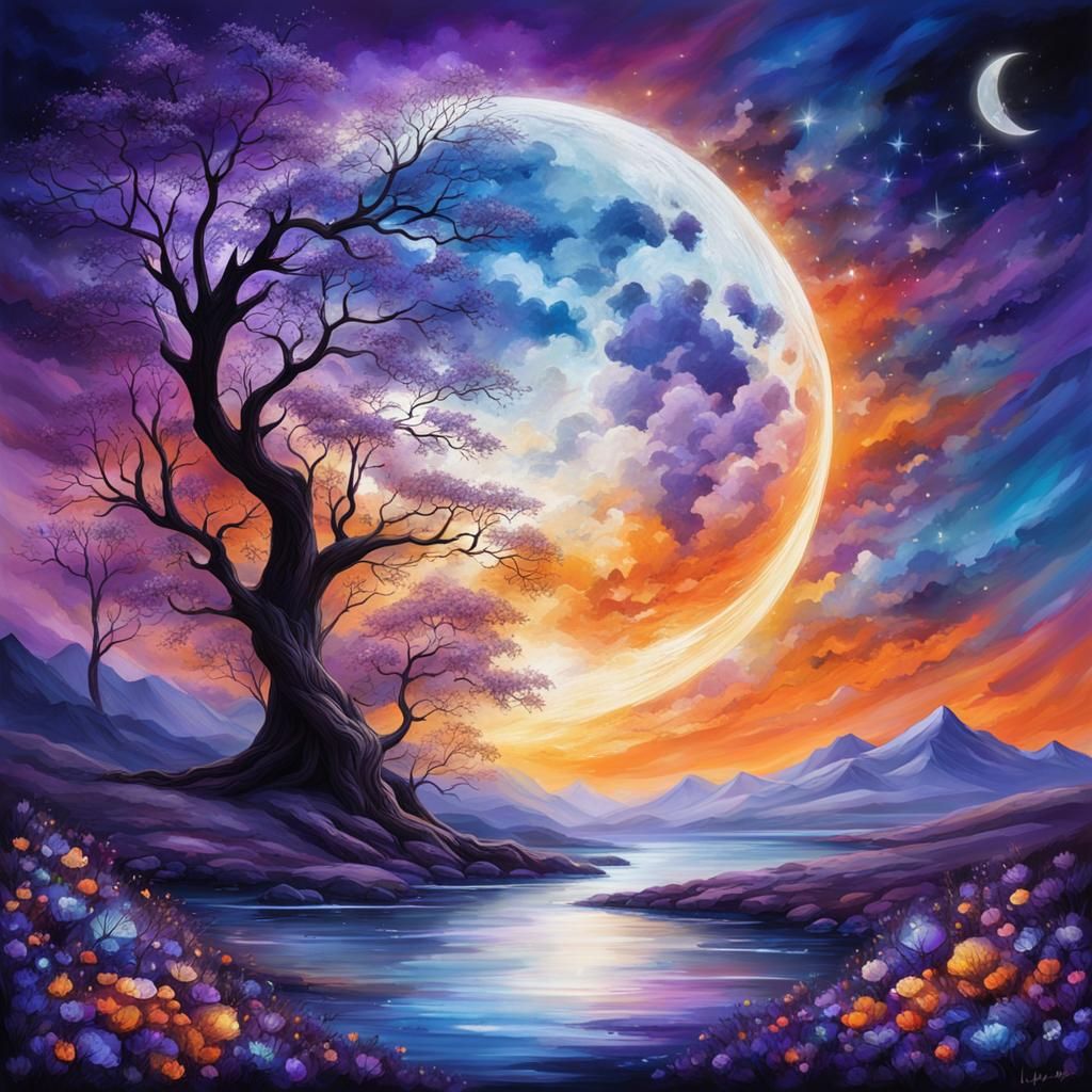 Stained Glass Crystal Moon in Mystic Colors