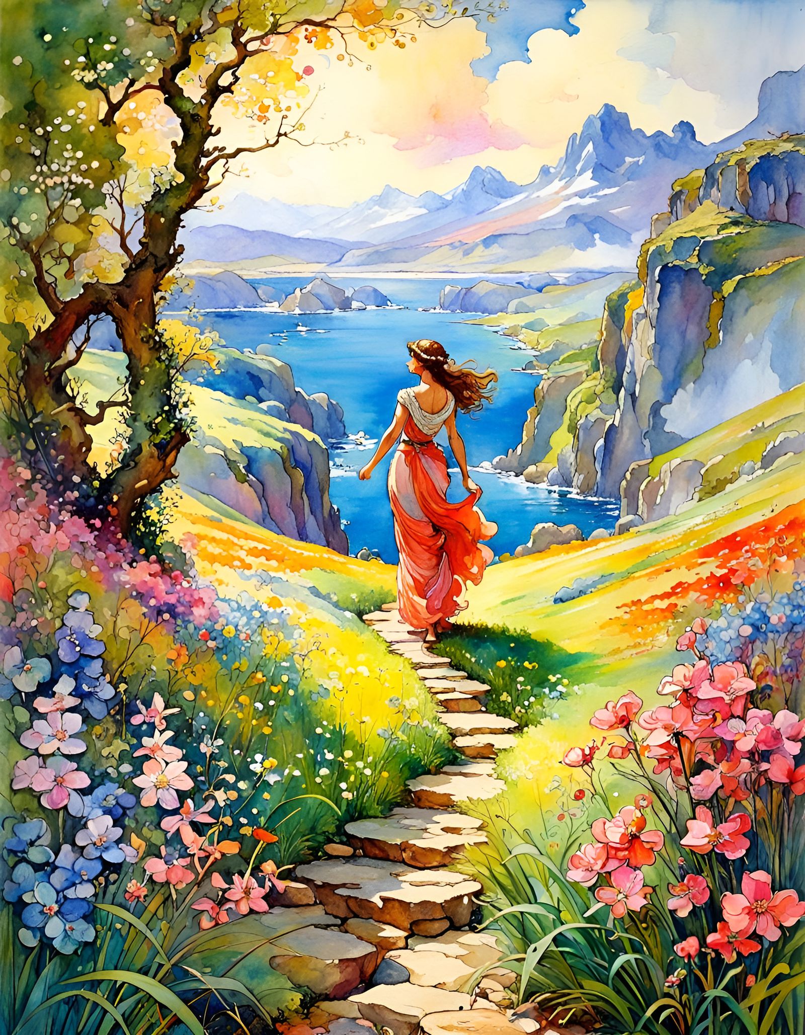 Vibrant Spring Landscape in Art Nouveau Watercolour