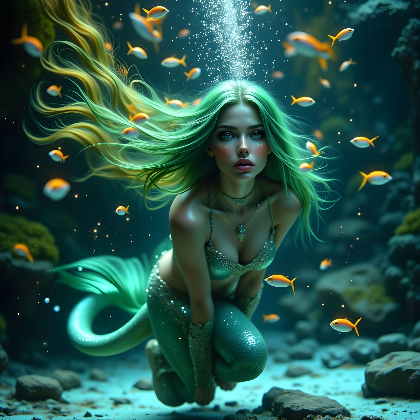 Green-Haired Mermaid in Dynamic Digital Art Style