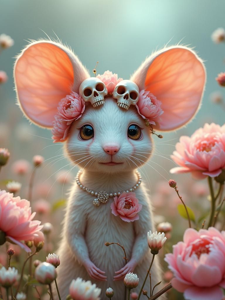 Mouse Girl in Floral Headdress, Hyper-realistic Digital Art