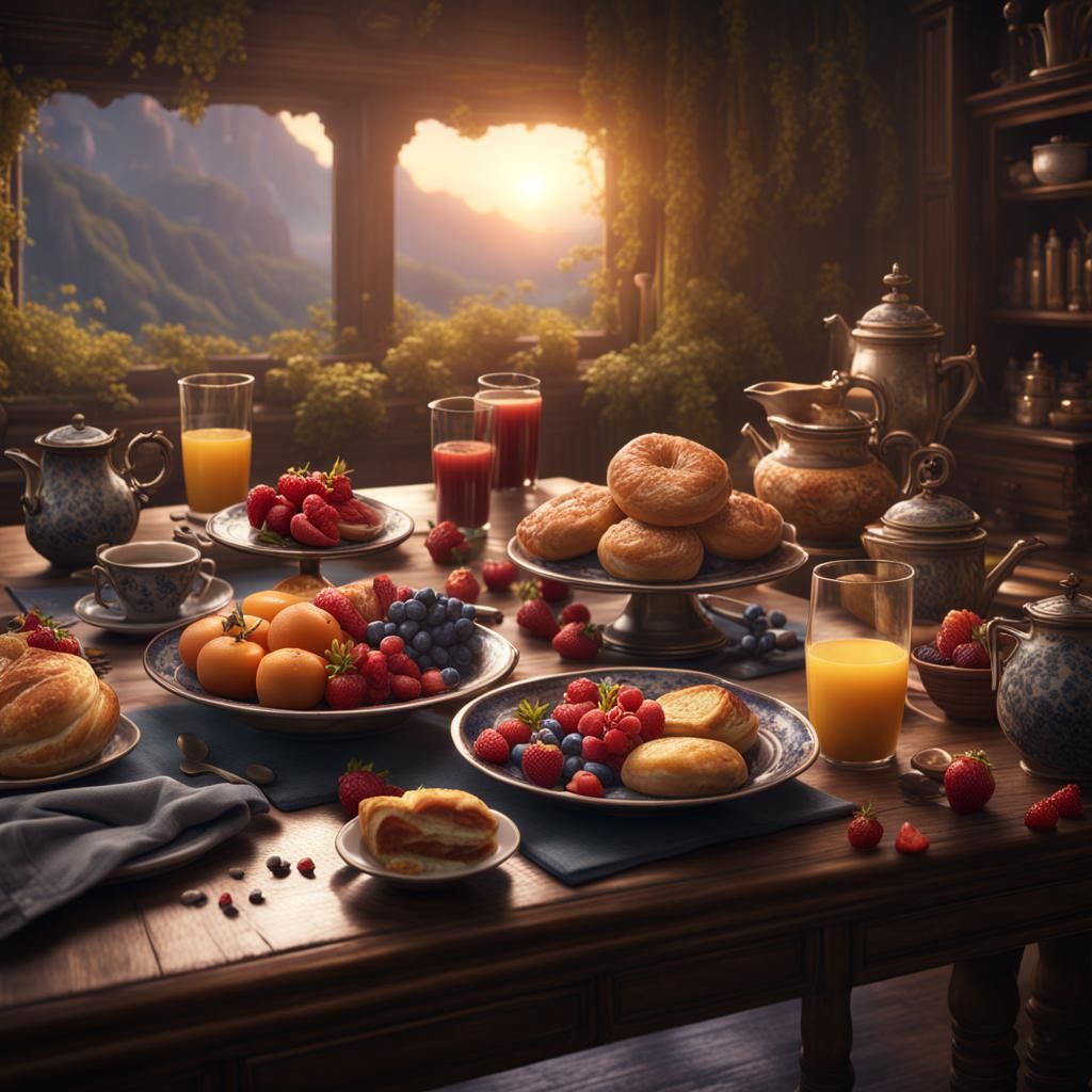 Vibrant Morning Breakfast: Detailed Fantasy Concept Art