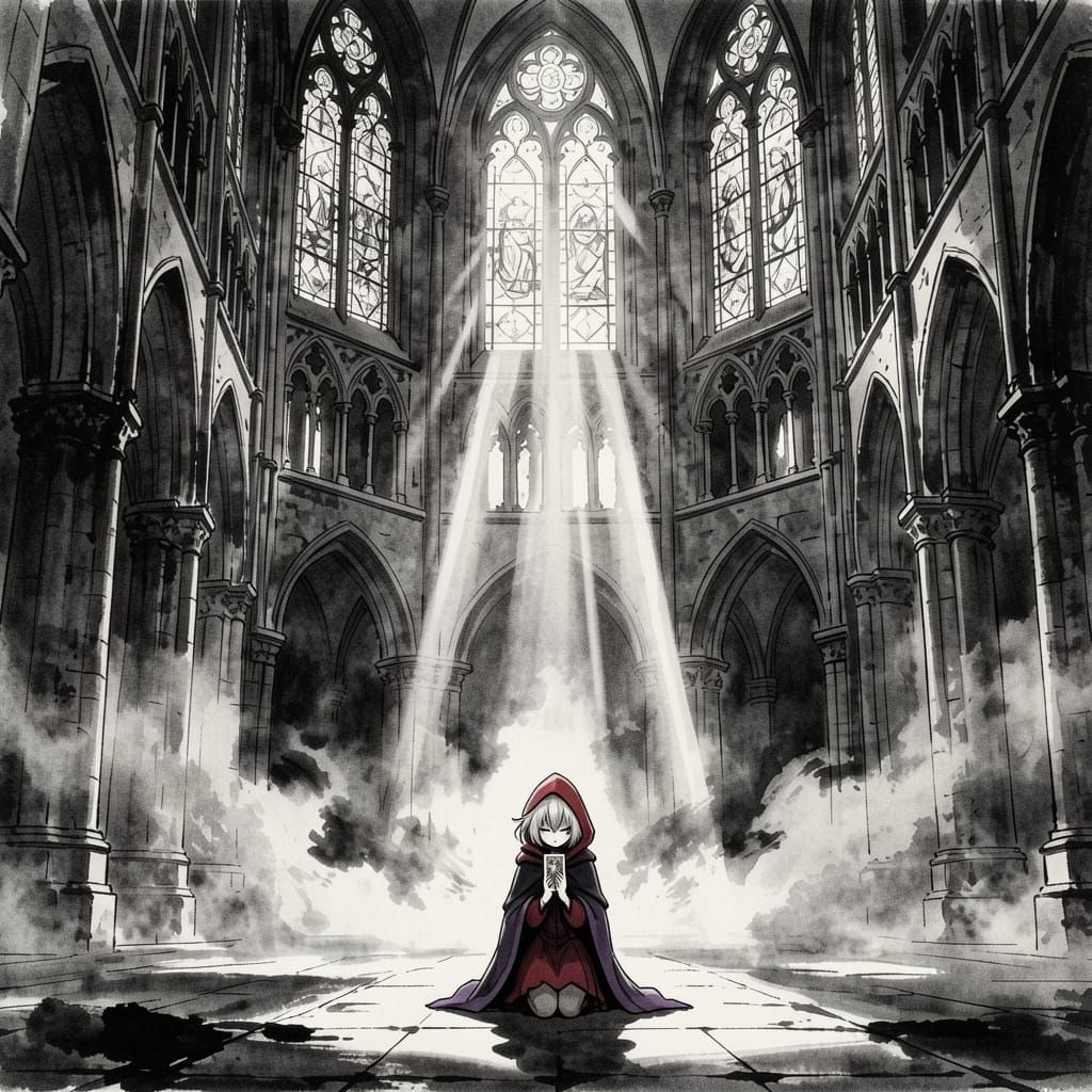 Girl Kneeling in Prayer in Gothic Cathedral - Ink Wash Style