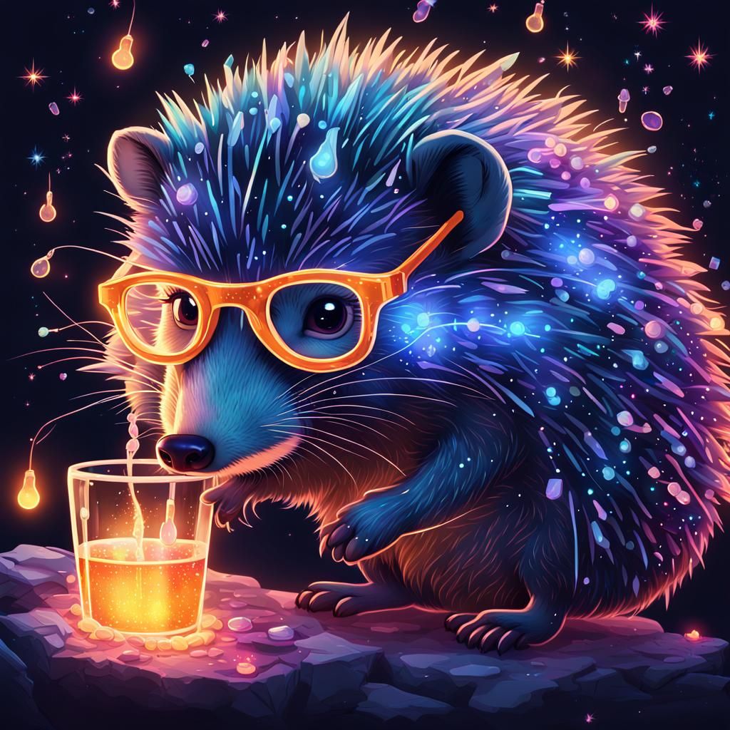Hedgehog Alchemist Mixing Potions in Neon Lit Lab