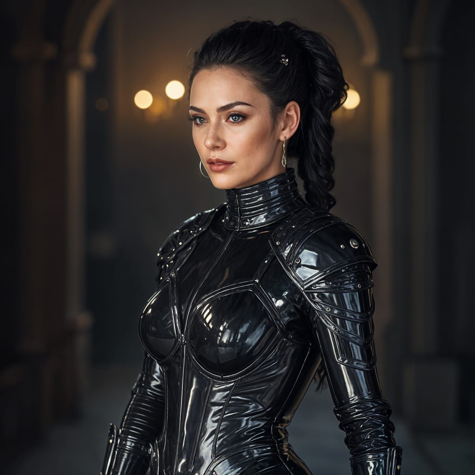 Hyperrealistic Female in Intricate Latex Armor