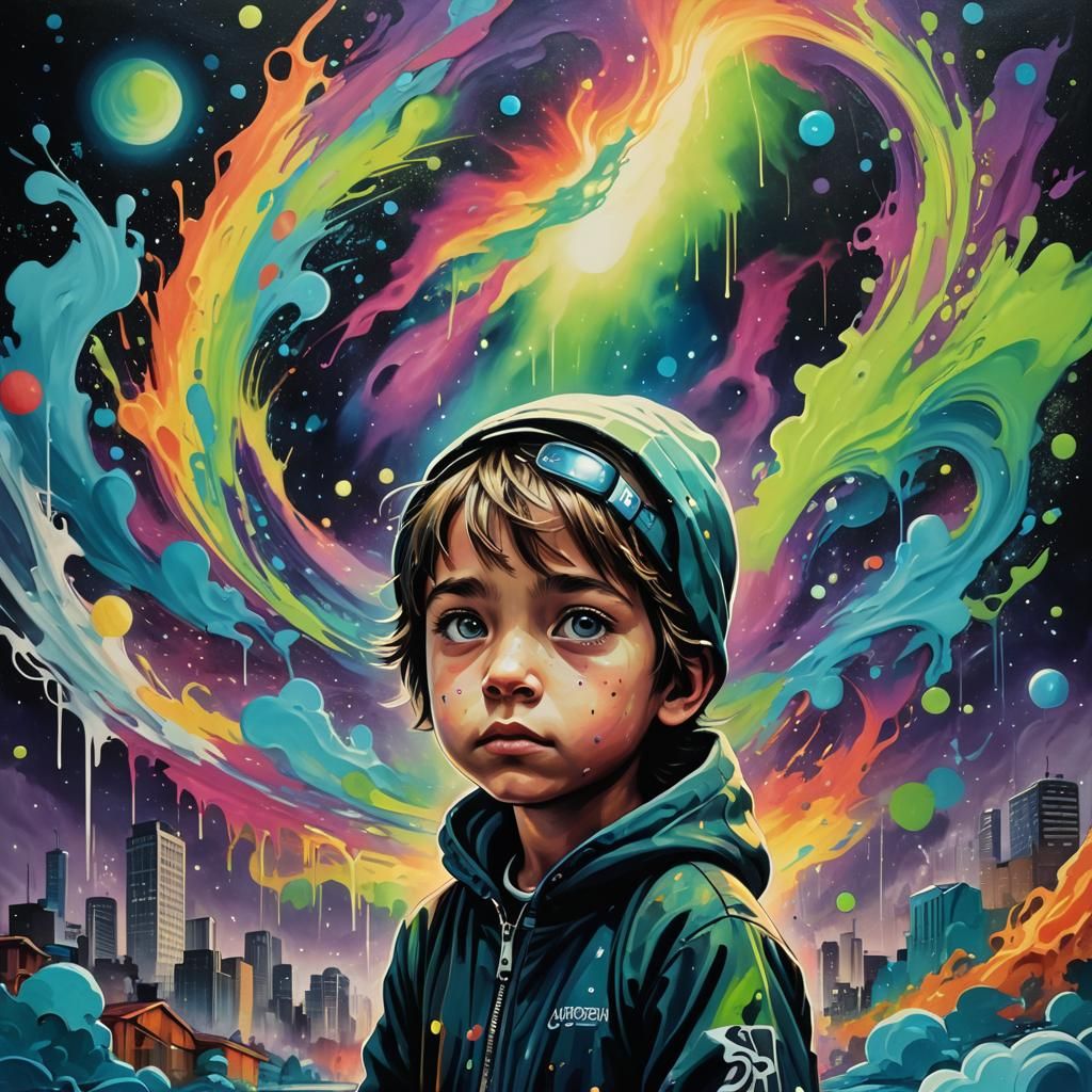 Boy Watches Aurora Borealis Under Full Moon, Graffiti Art