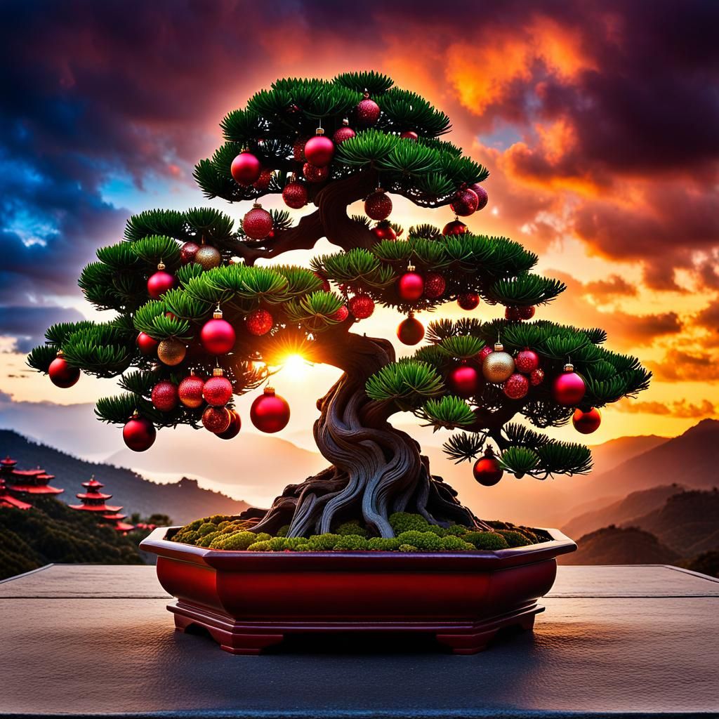 Christmas Bonsai Tree in Tea Garden Sunset