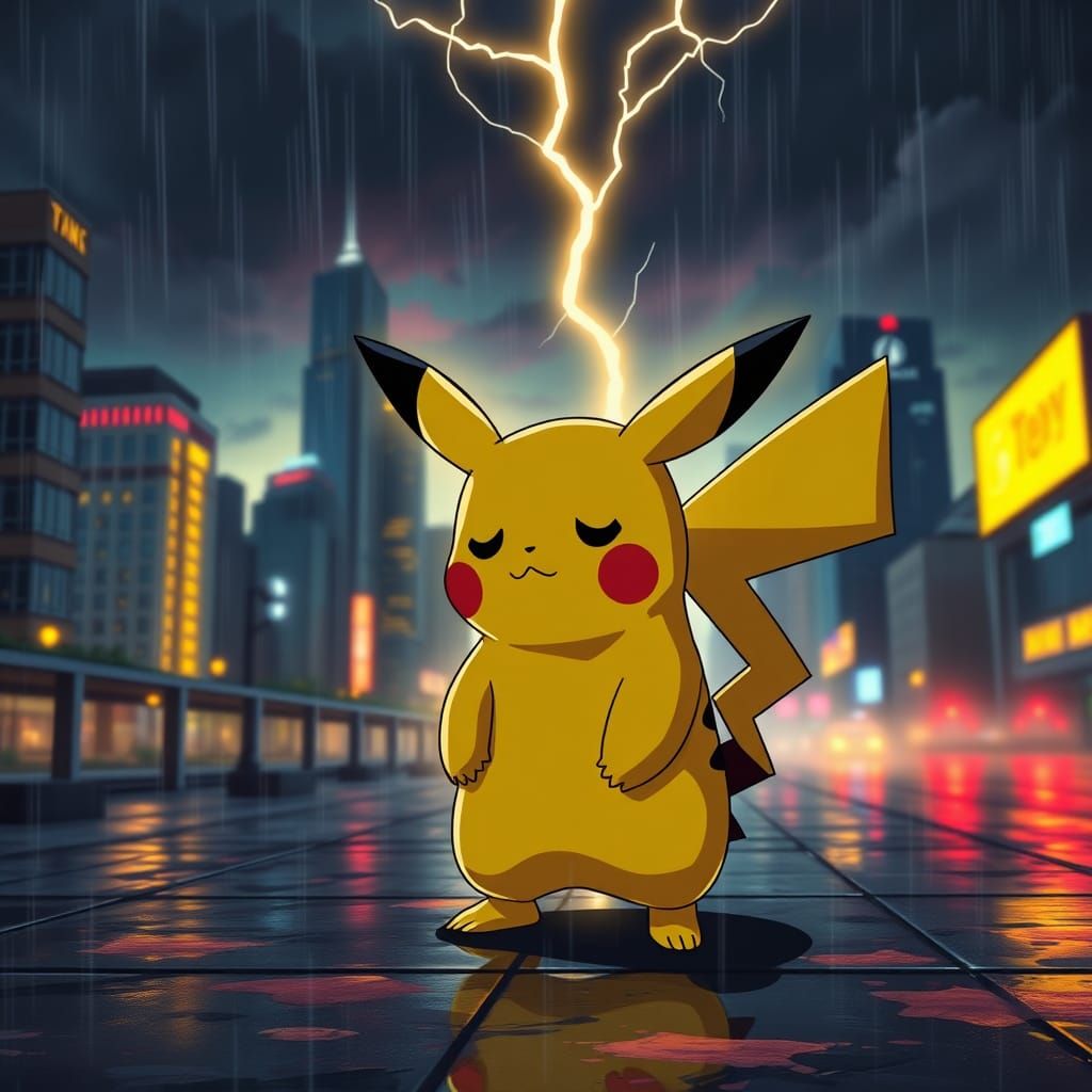 emo Pikachu, hd background, in the style of chiaroscuro tech...