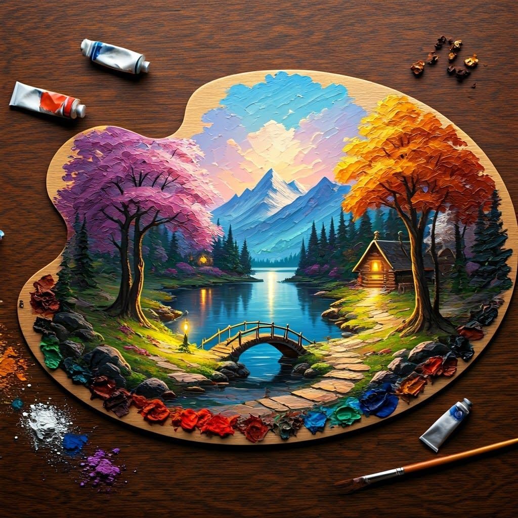 Vibrant Dreamlike Landscape with Lake, Cabin, and Majestic M...