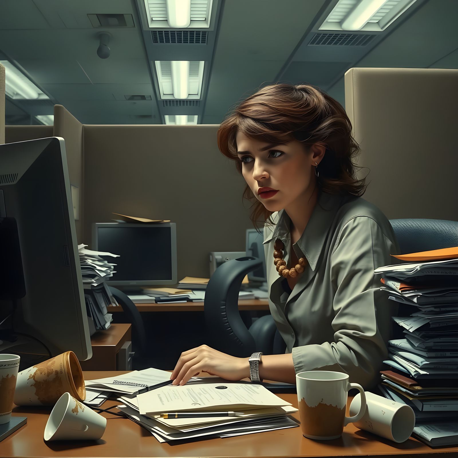 Frustrated Office Worker in Moody Realism Style