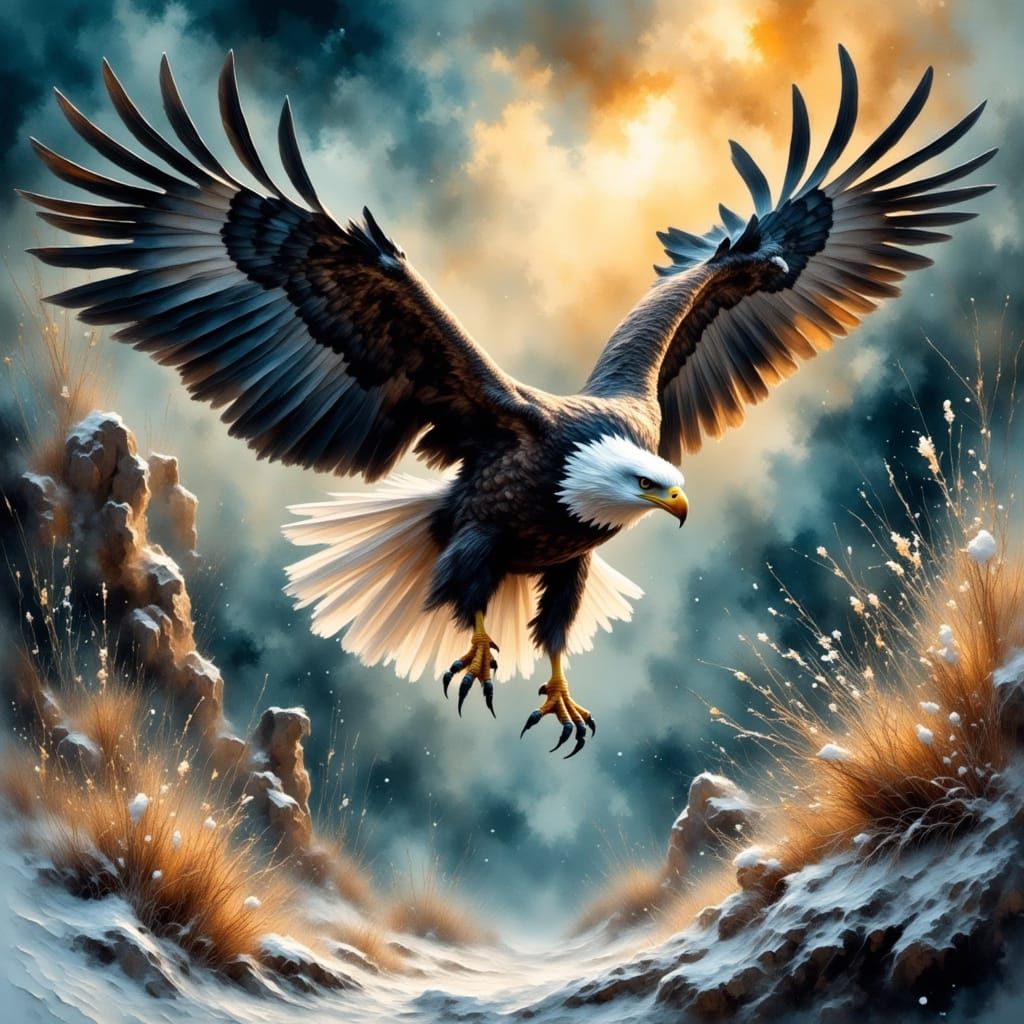 Majestic Eagle Soars Through Turbulent Blizzard in Grungy Oi...