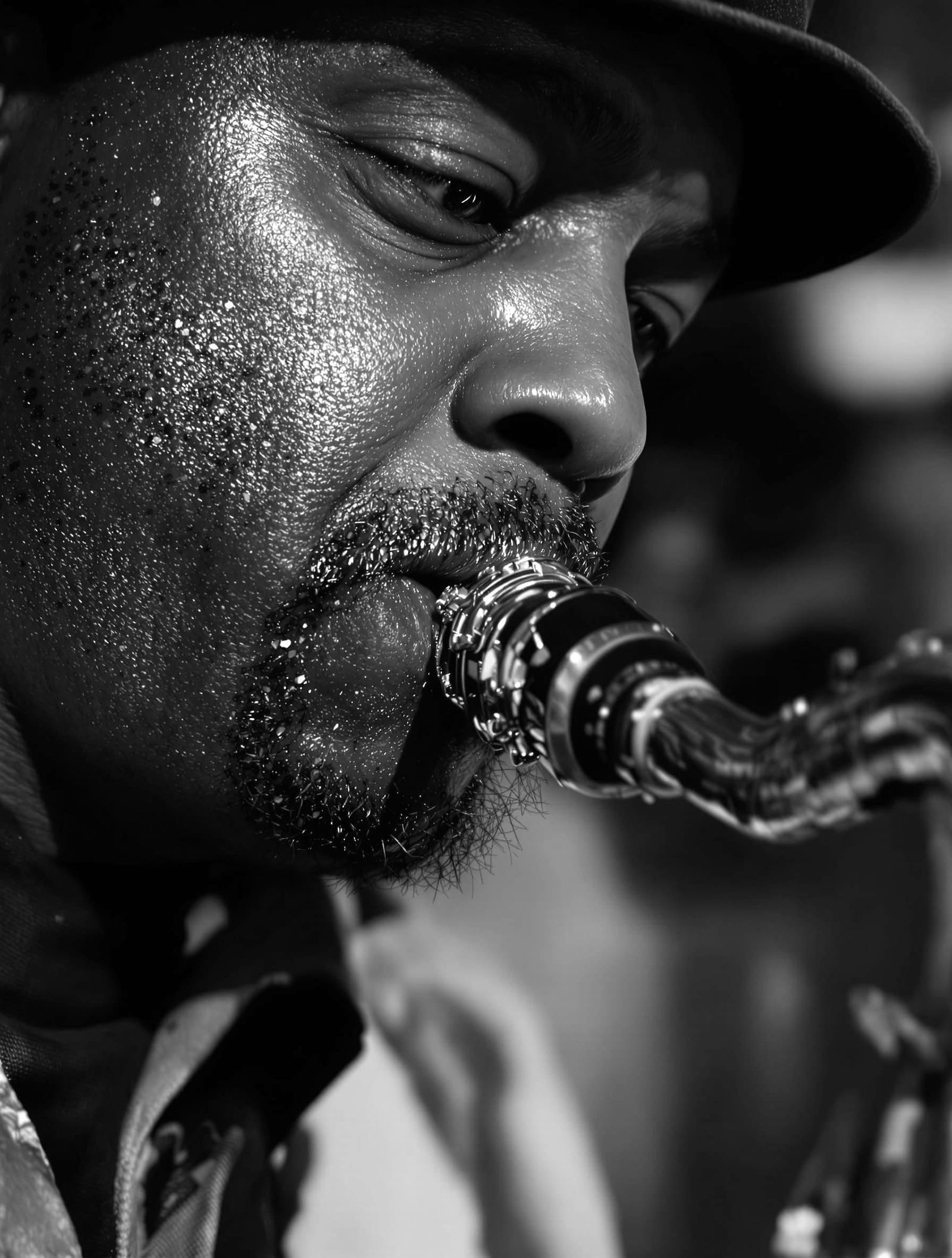 Middle-Aged Black Saxophonist Playing Jazz in 50s Style