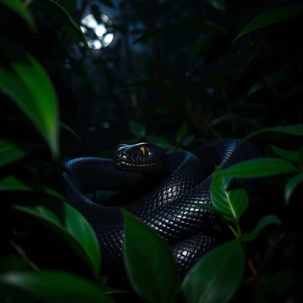 Photorealistic Black Mamba Hidden in Rainforest at Night