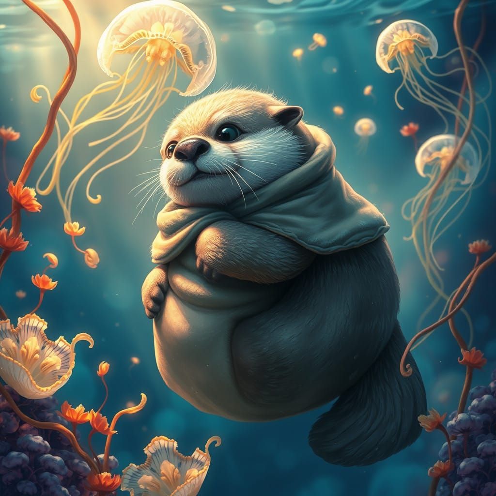 Whimsical Sea Otter in a Surreal Underwater Scene