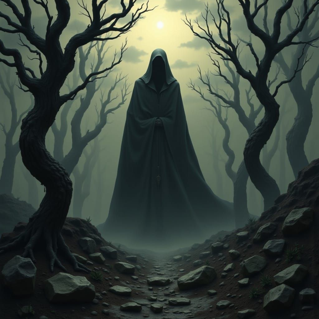 Dark Figure of Death in a Desolate, Surreal Landscape