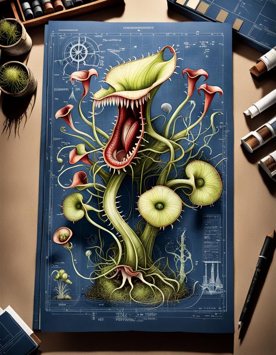 Botanical Blueprint of Carnivorous Plant with Clockwork Mech...