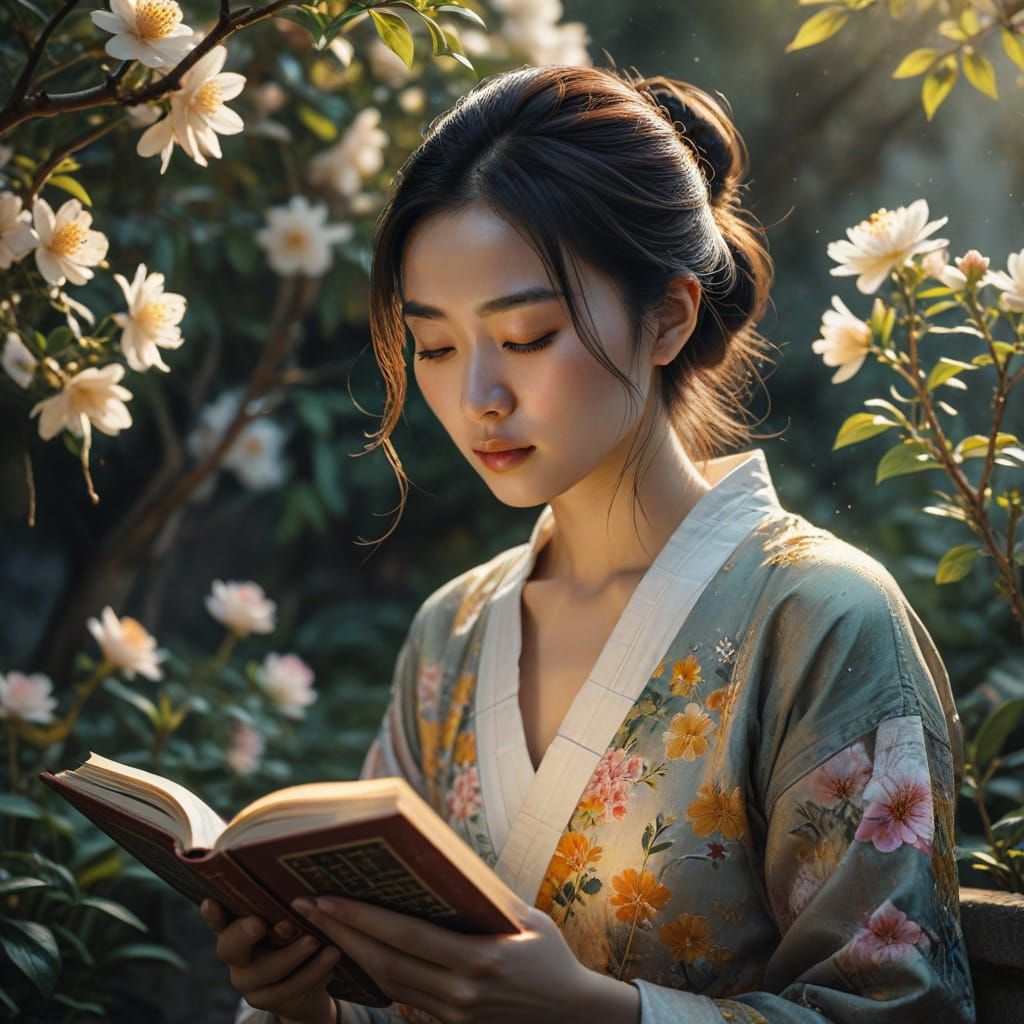 Traditional Chinese Garden Scene in Watercolor Style