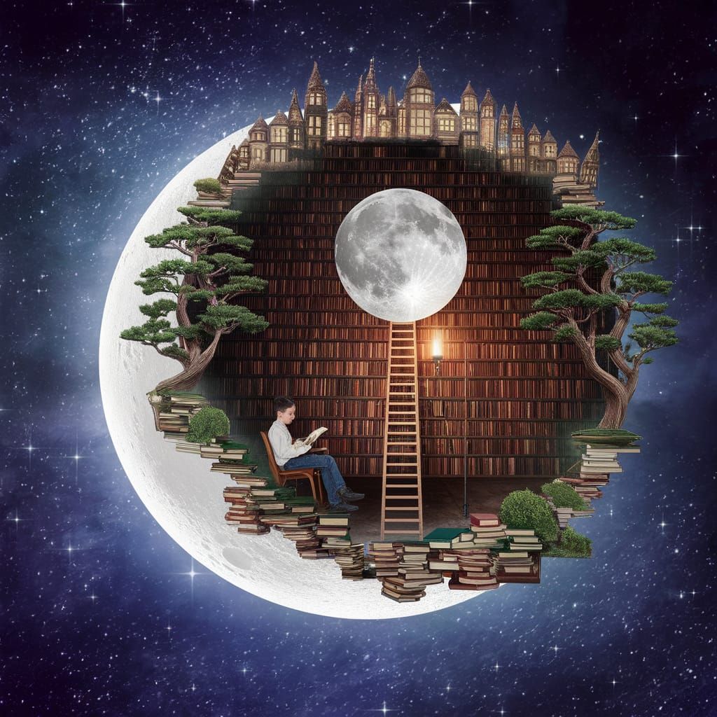 Surreal Library Scene in a Fantasy Art Style