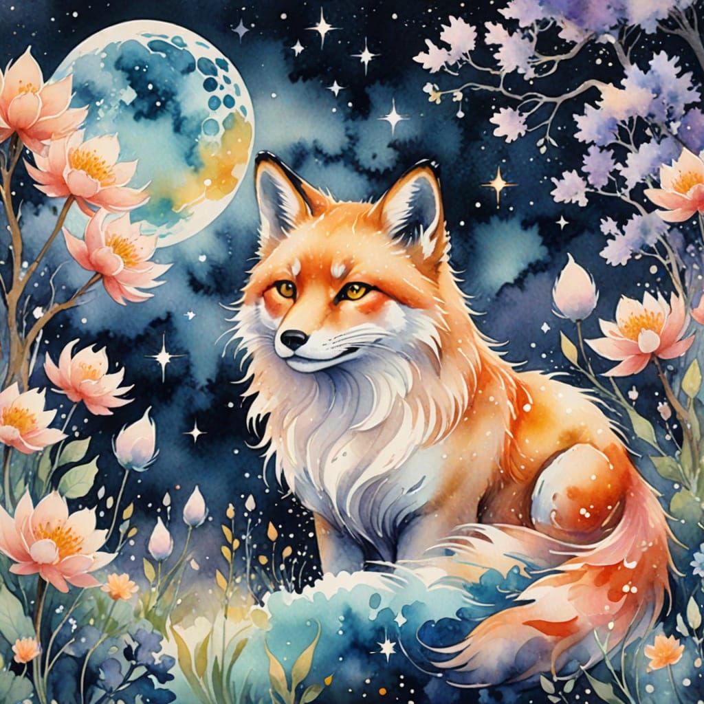 Kitsune in Celestial Garden Watercolor