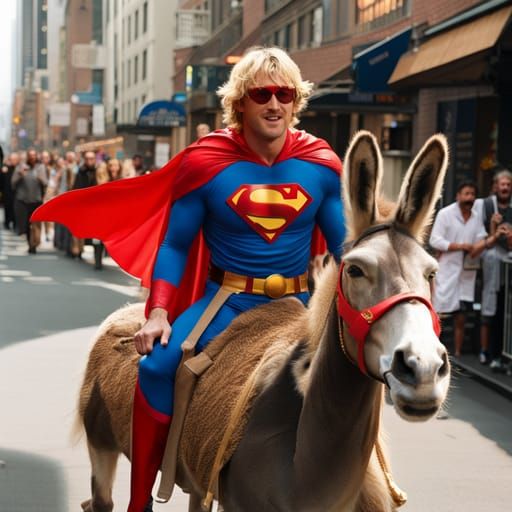 Owen Wilson dressed as SuperMan while riding a Donkey in the city street. [SDXL 0.9]