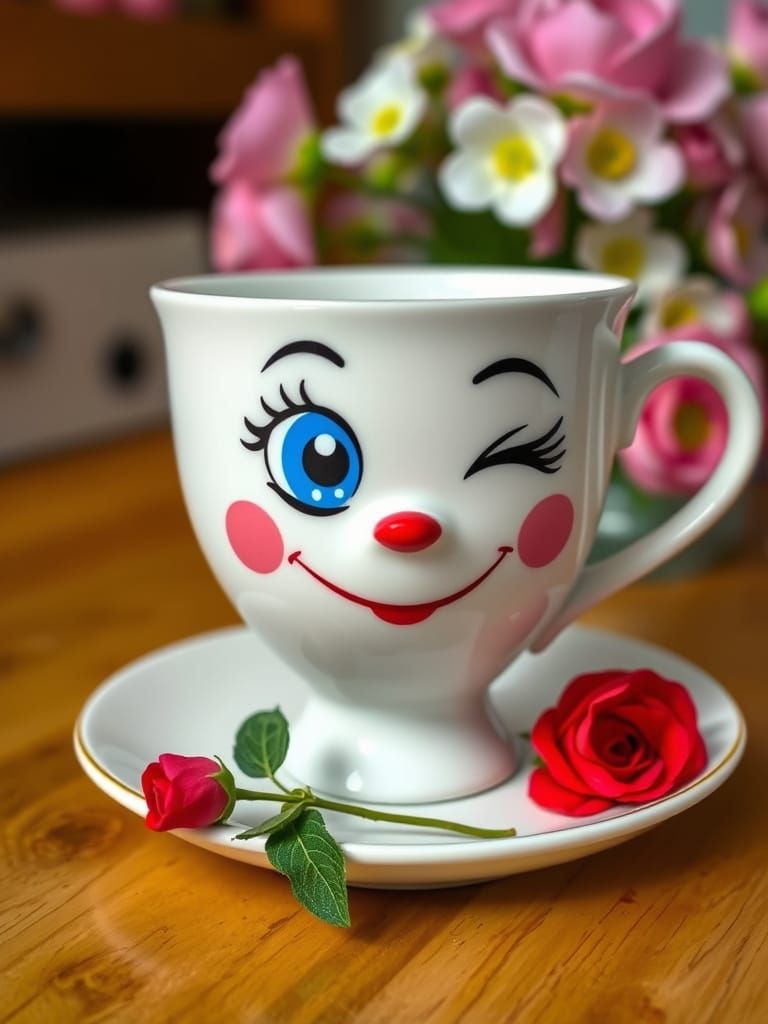 Cartoon Teacup with Cheeky Face on Wooden Table