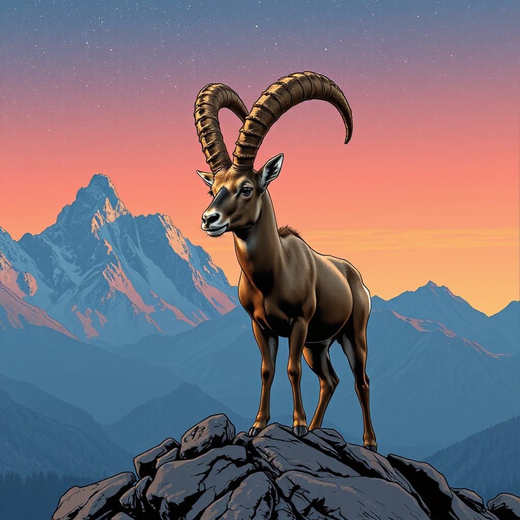 Ibex in Kaleidoscopic Mountain Comic Art