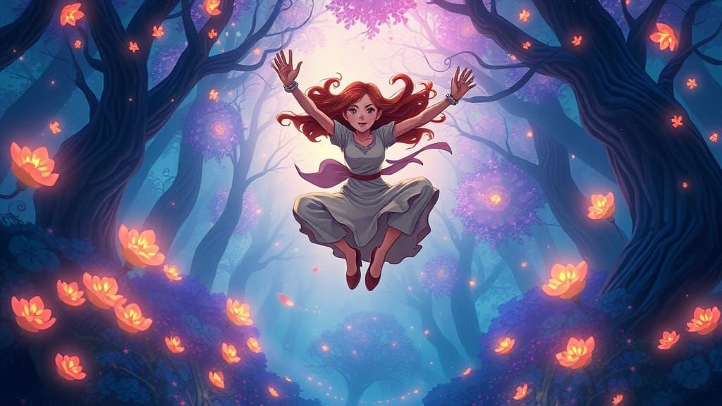 Woman Leaping in Vibrant, Mystical Forest