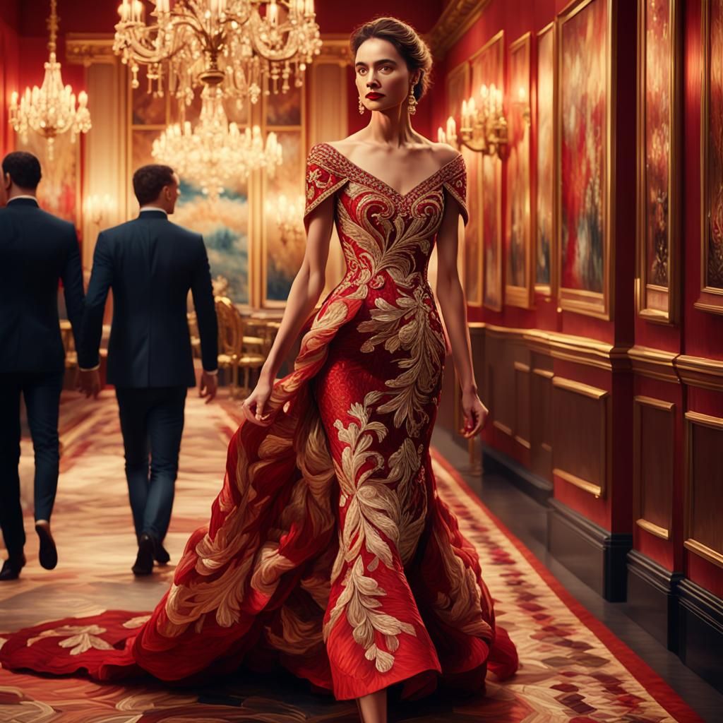 Elegant Lady in Red Evening Gown