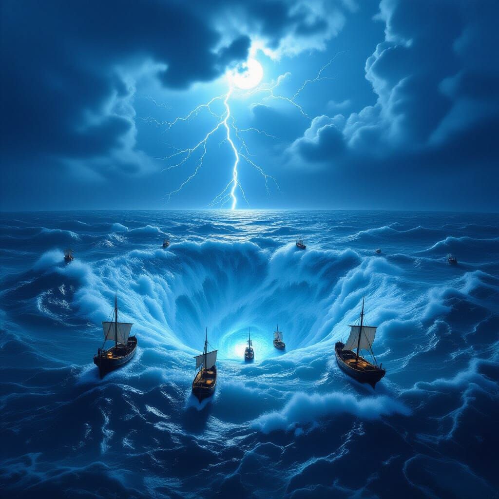 Turbulent Ocean Vortex with Ships in Stormy Sky