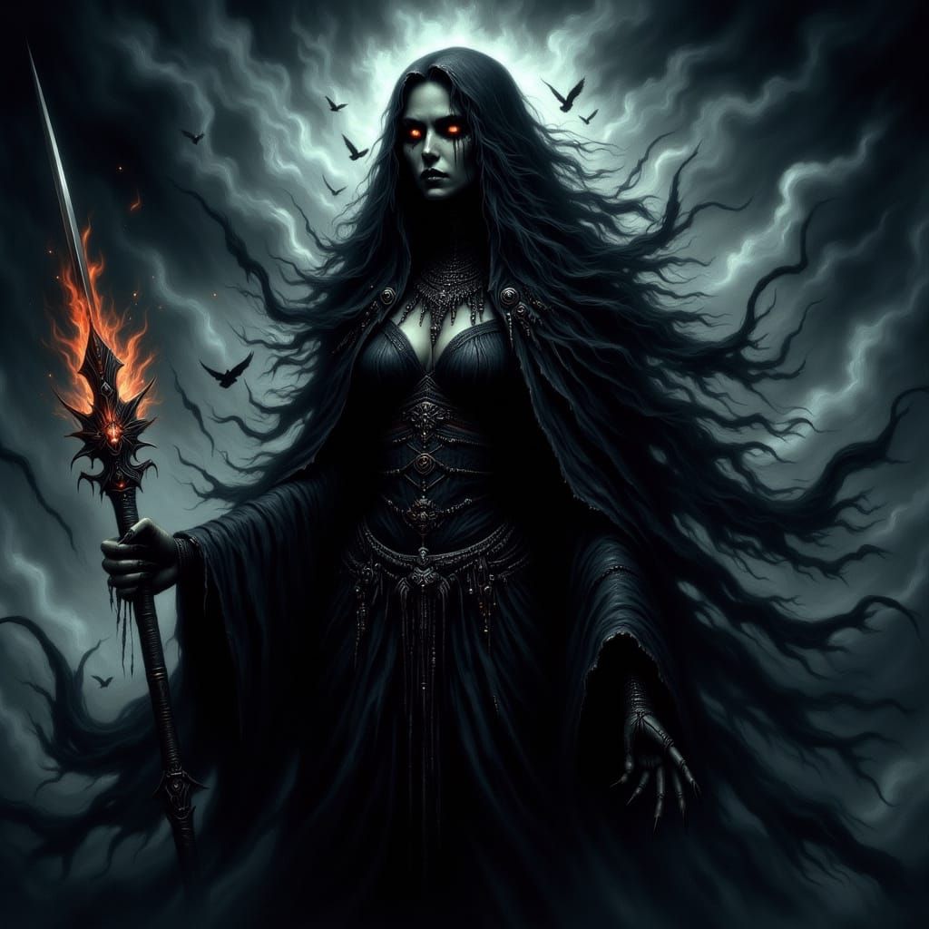 Shadow Goddess Emerges from Mist with Fiery Sword