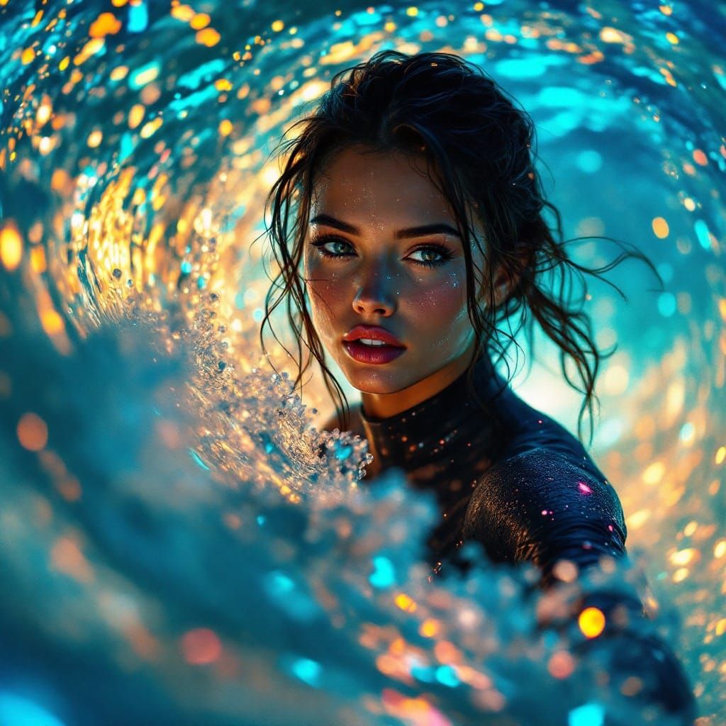 Surfer Rides Bioluminescent Wave at Night in Cyberpunk Style