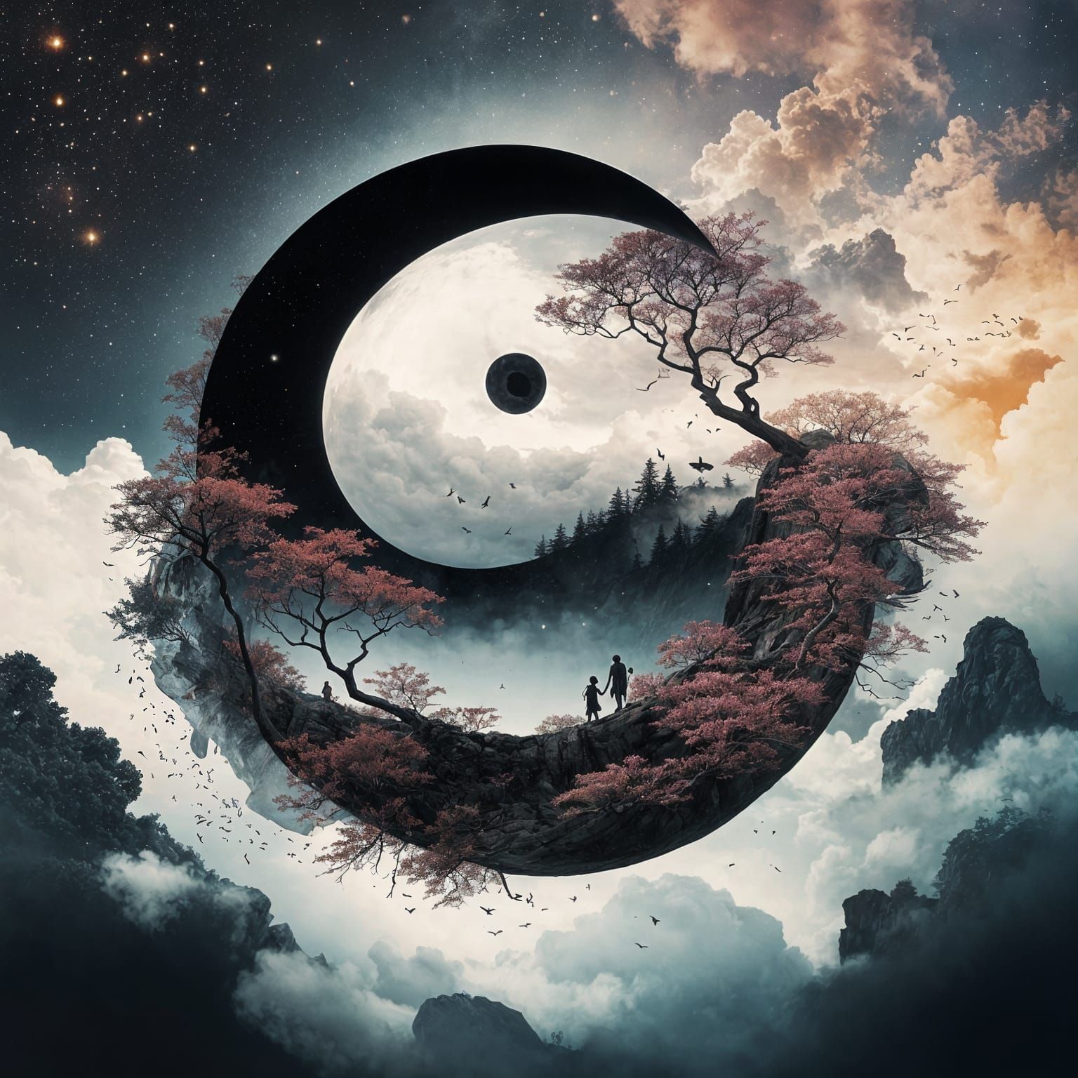 Yin Yang Sakura Garden Double Exposure