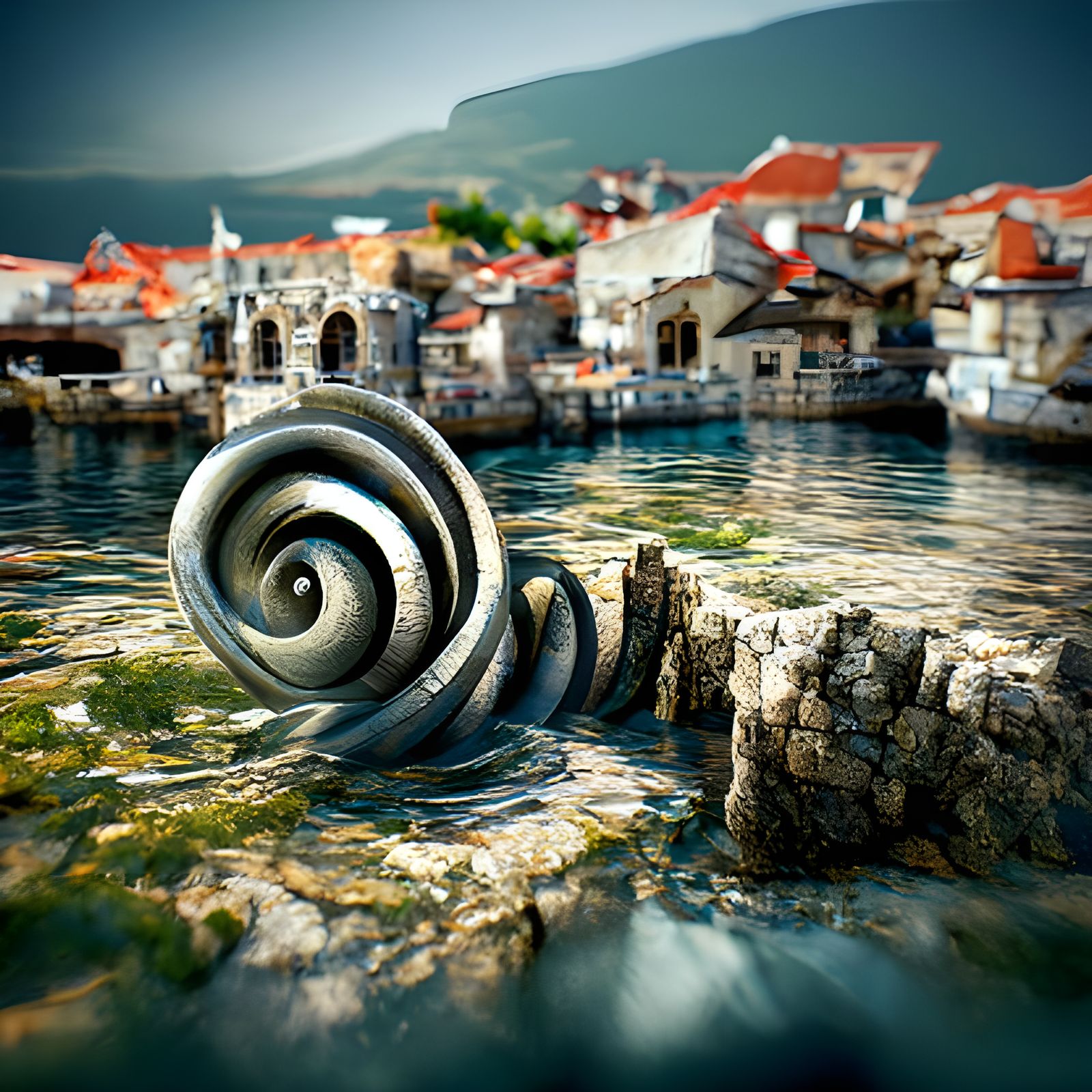 Photorealistic Spiral Town by the Sea: 3D Render