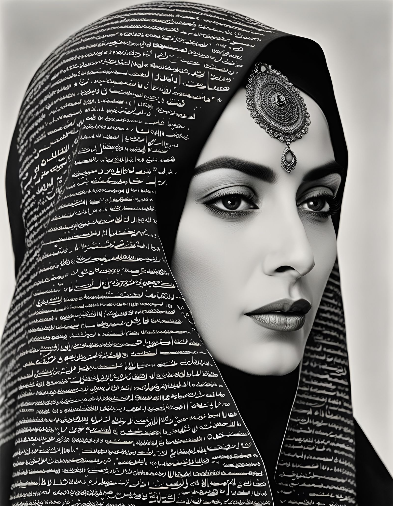 Veiled Woman Portrait with Calligraphy, Illustration