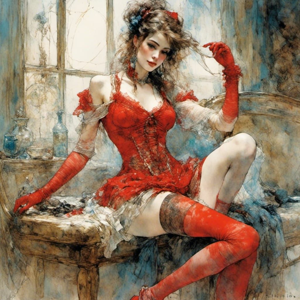 Muscular Woman with Whip in Red Lace Stockings