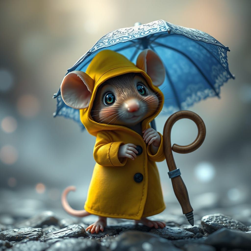 Whimsical Mouse in Yellow Raincoat, Ready to Step into a Hid...