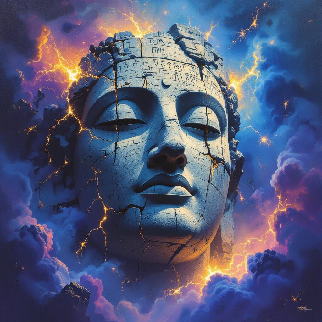 Ancient Cosmic Statue in Nebula, Oil Painting Style