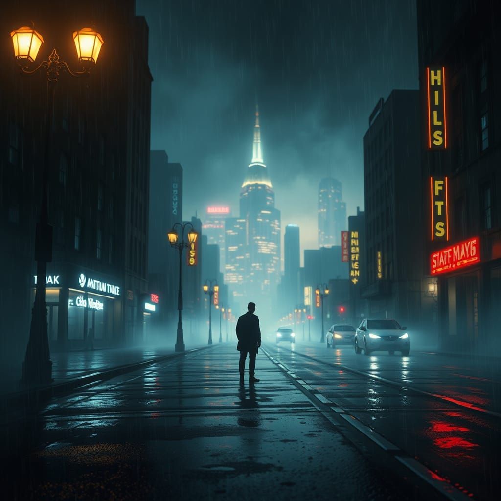 Lone Figure on Rainy Street with Neon Cityscape